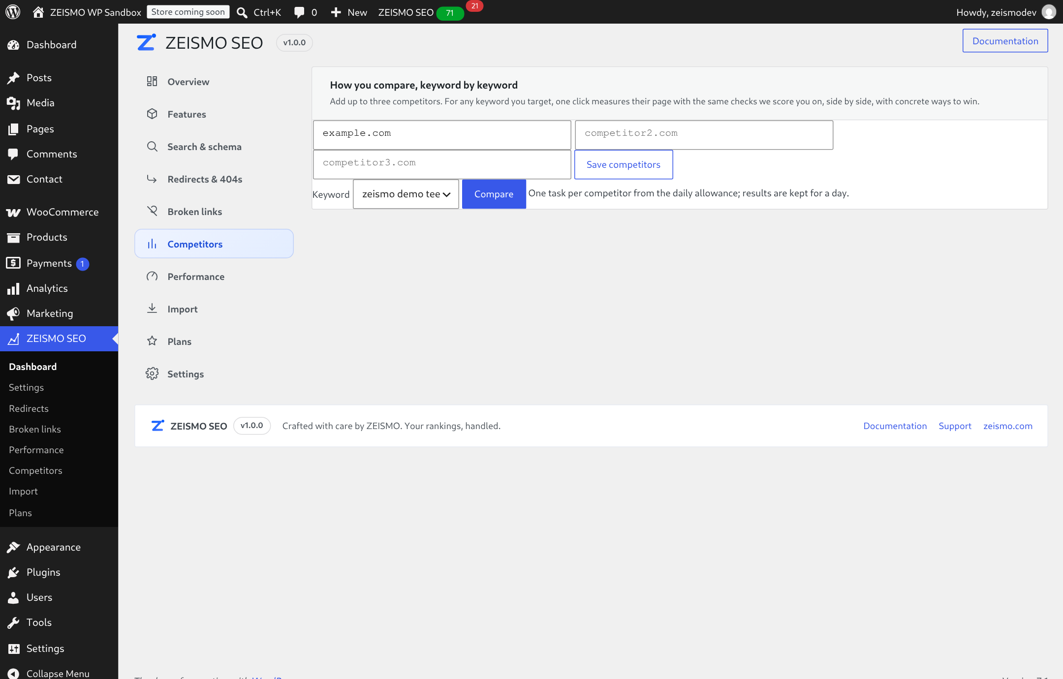 The Competitors tab: saved competitors, keyword picker and the side-by-side comparison table