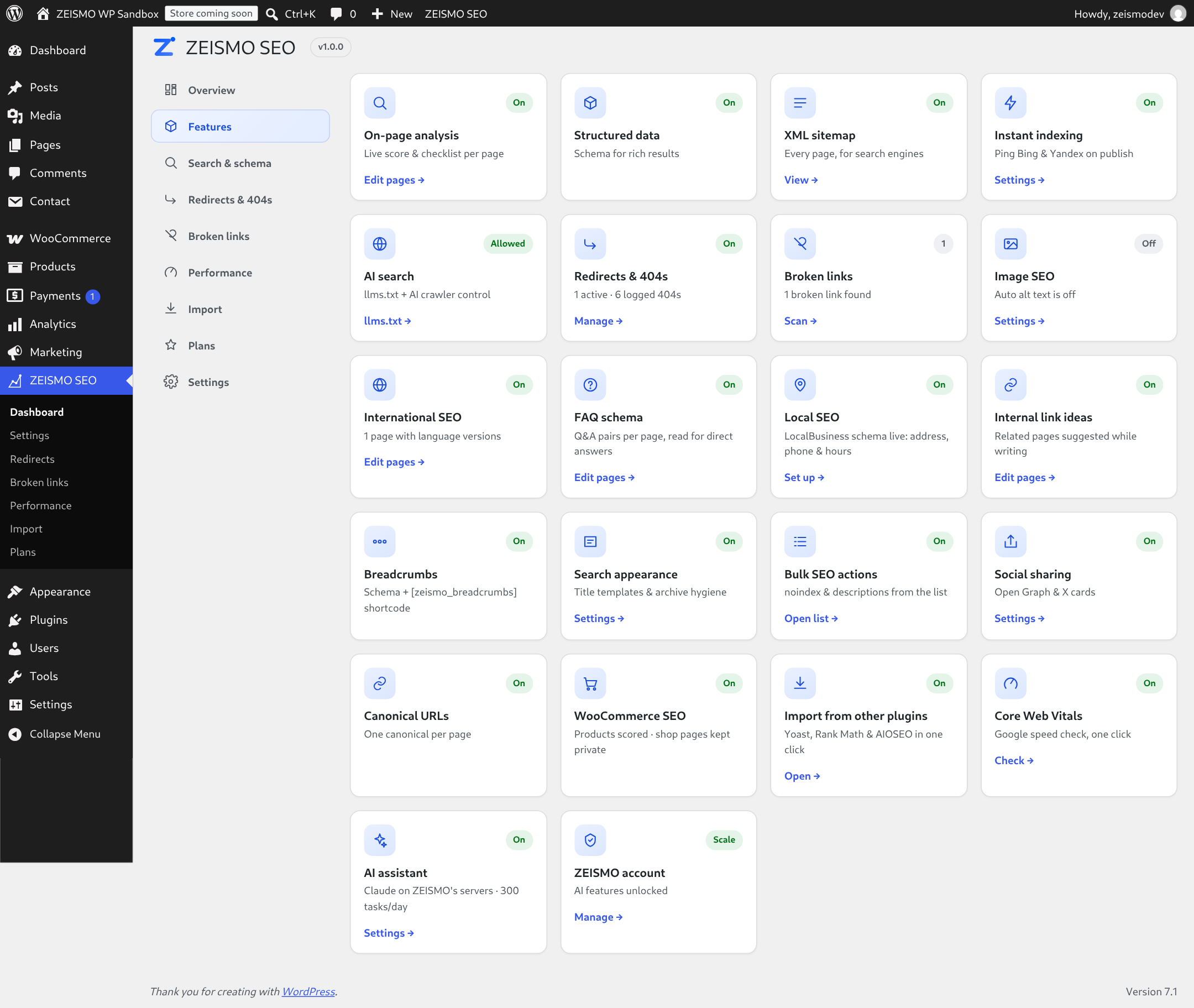The Features tab: every plugin capability as a card with live counts and status