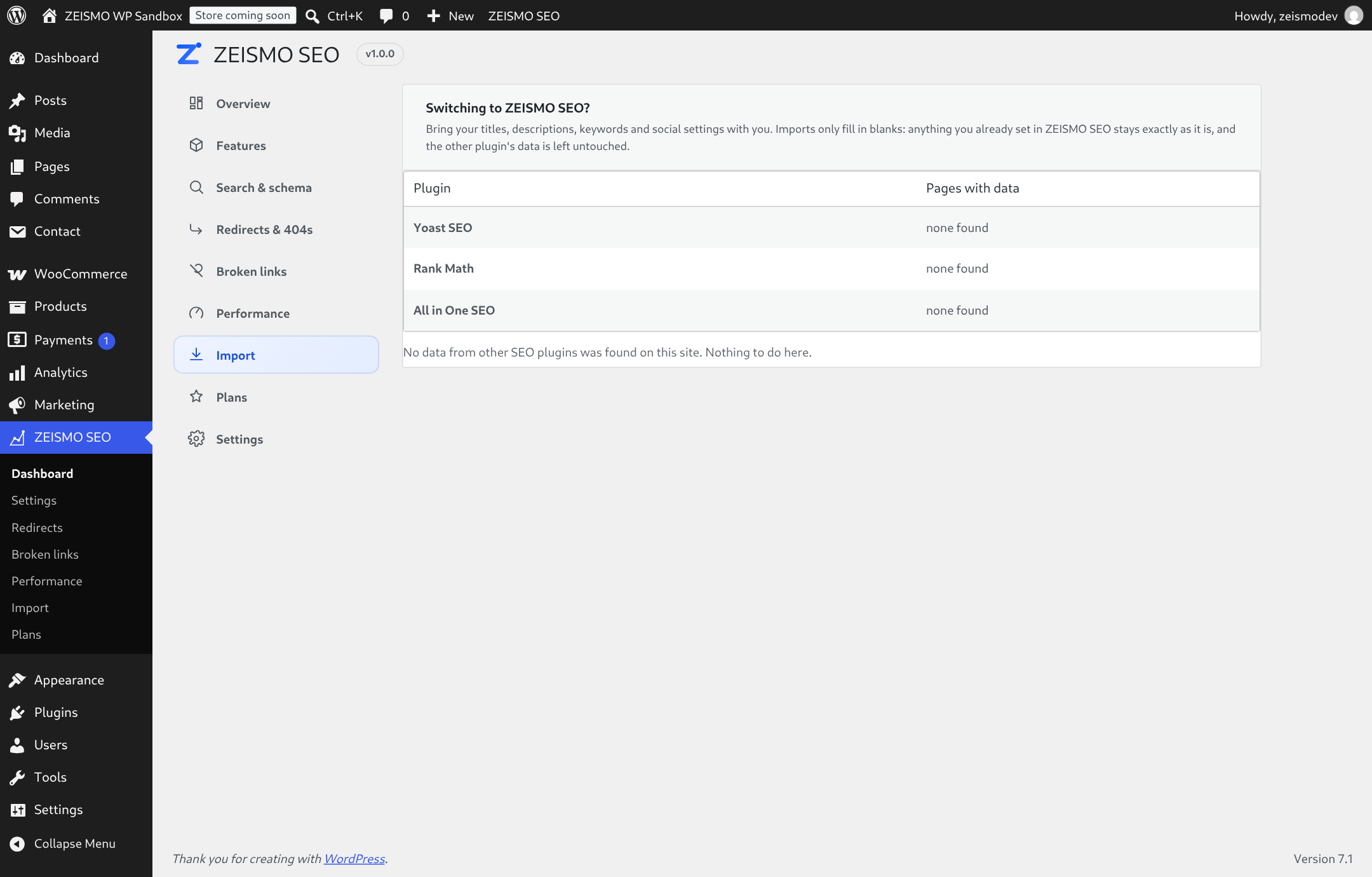Import screen listing detected SEO plugins and how many pages carry data