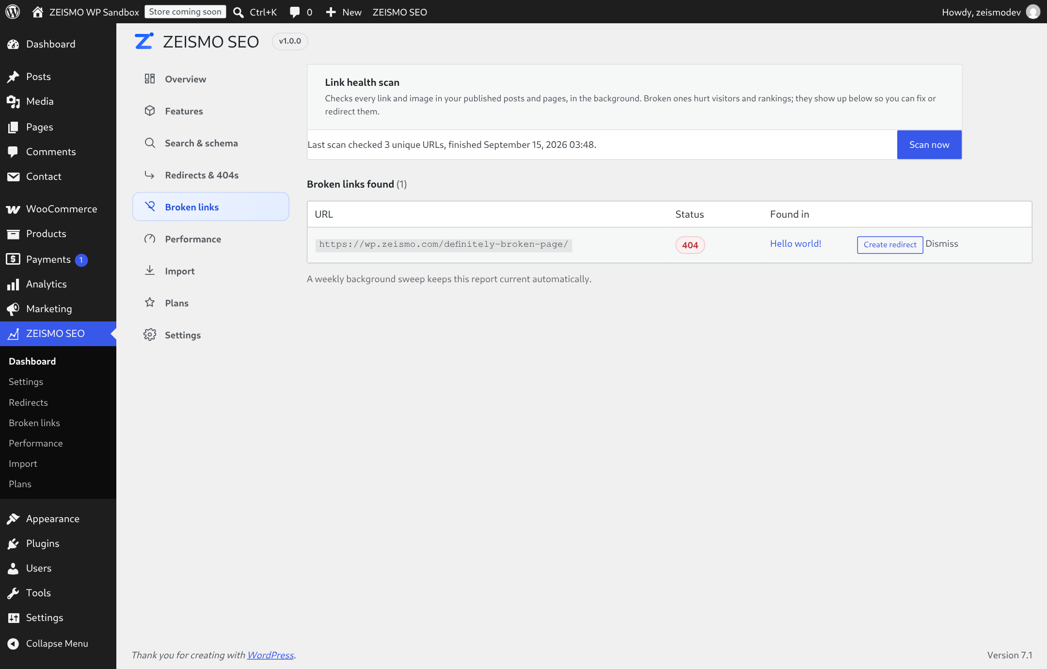 Broken links screen: scan state and the table of broken URLs with source pages
