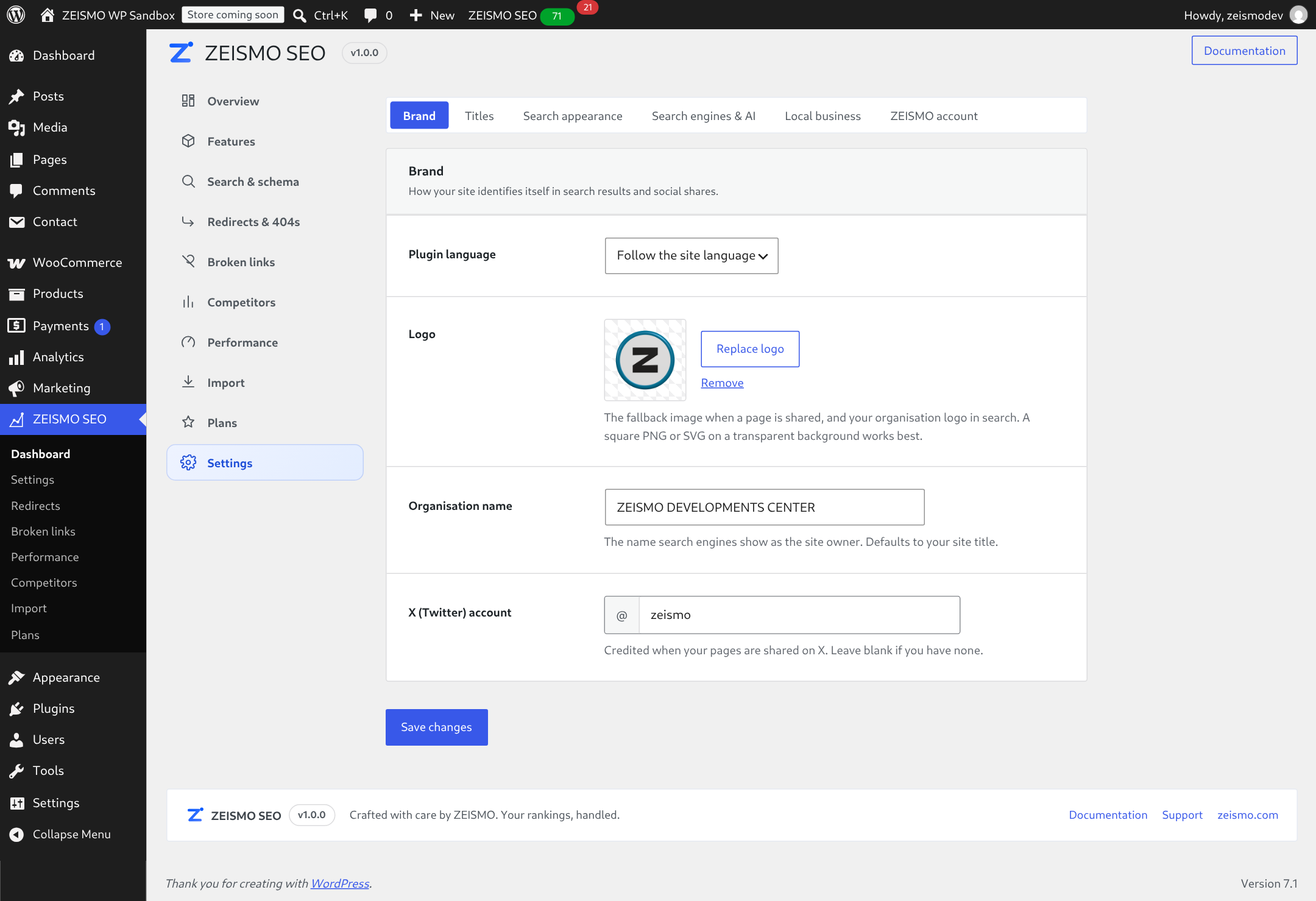 Settings with the section toolbar: brand, titles, search appearance, search engines and AI, local business, account