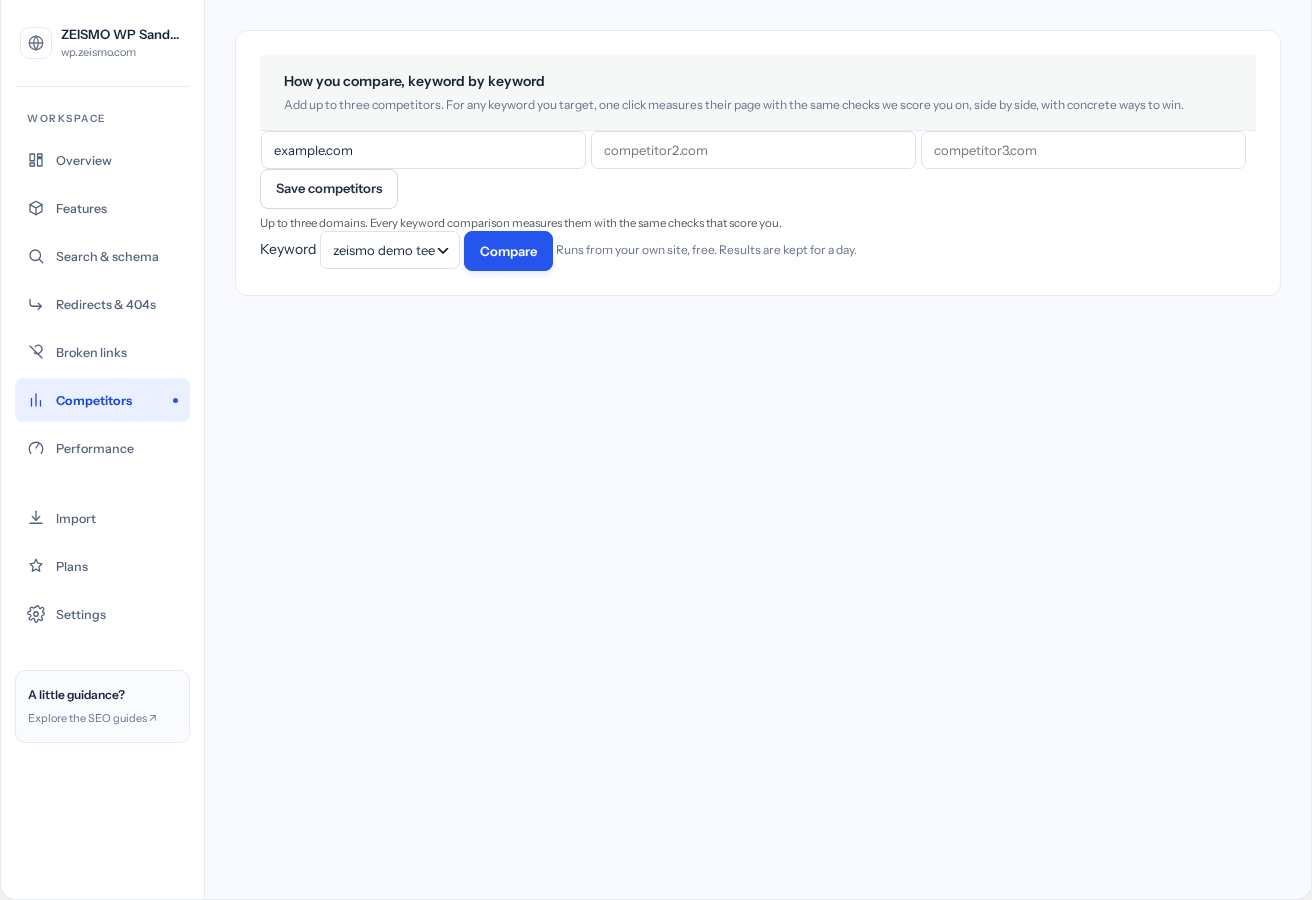 Competitors: saved domains and the keyword selector.