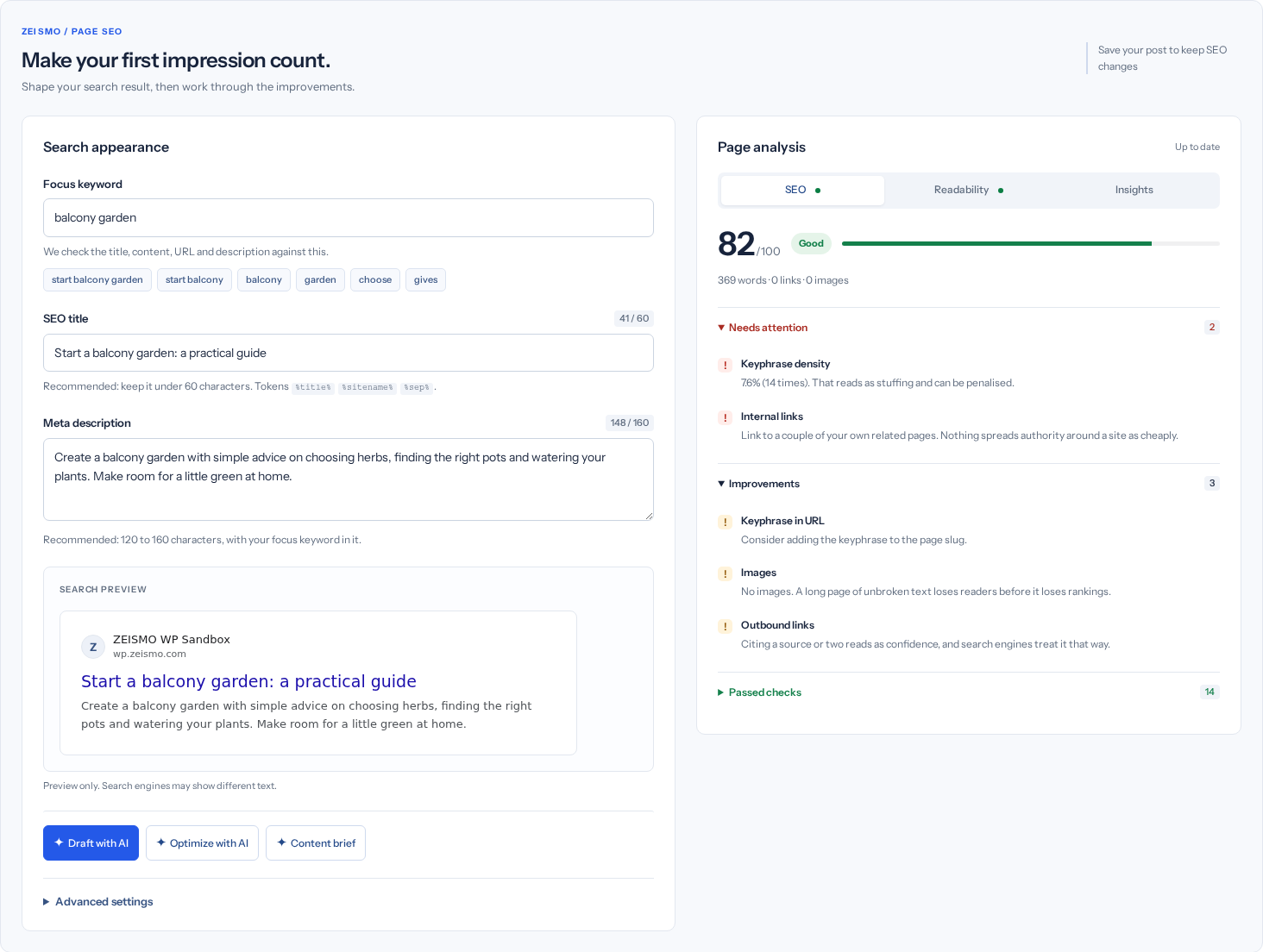 The page editor: search appearance on the left and grouped analysis on the right. This is an example draft.
