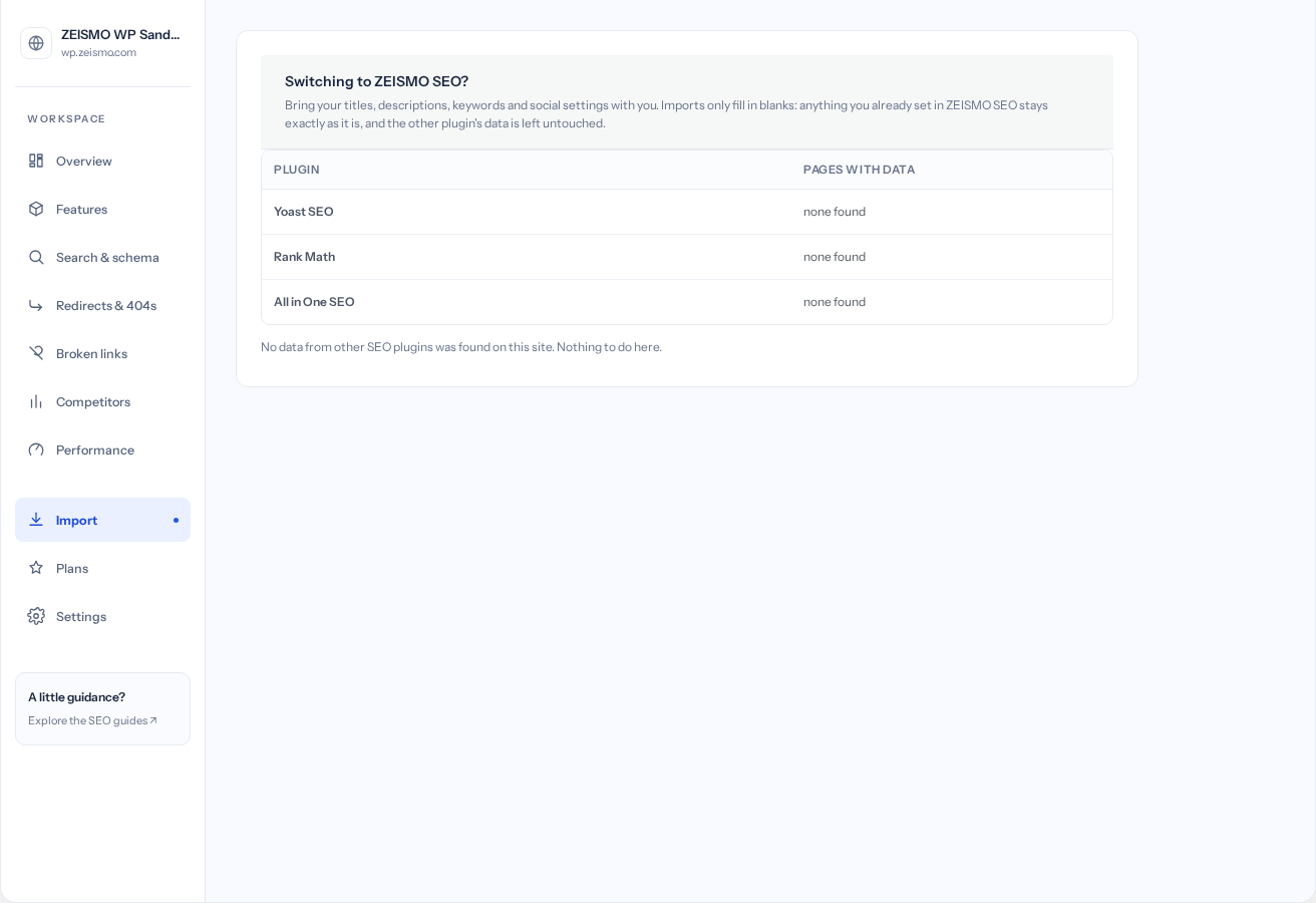 Import: detected source plugins and pages with available metadata.