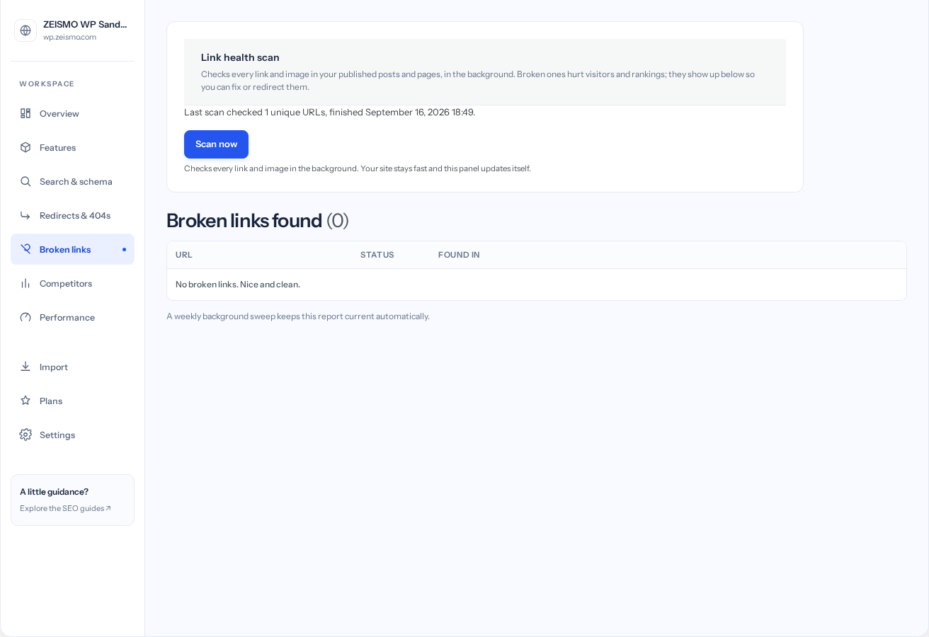 Broken links: scan status and recorded link issues.