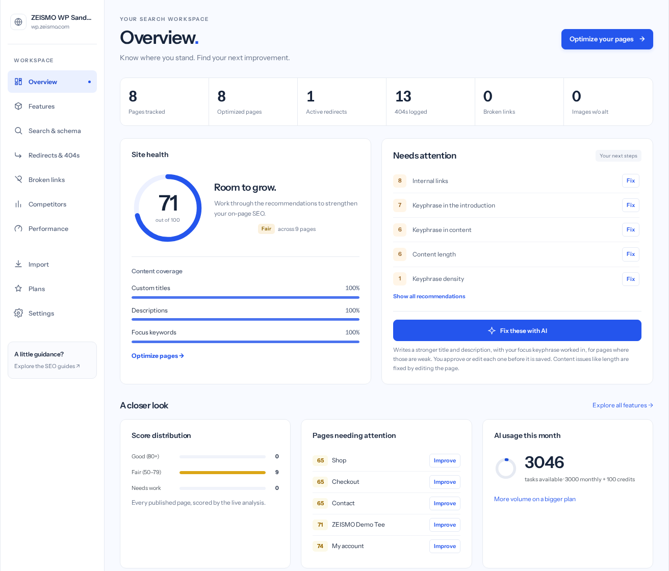 Overview: site health, recommendations, content coverage and account usage.