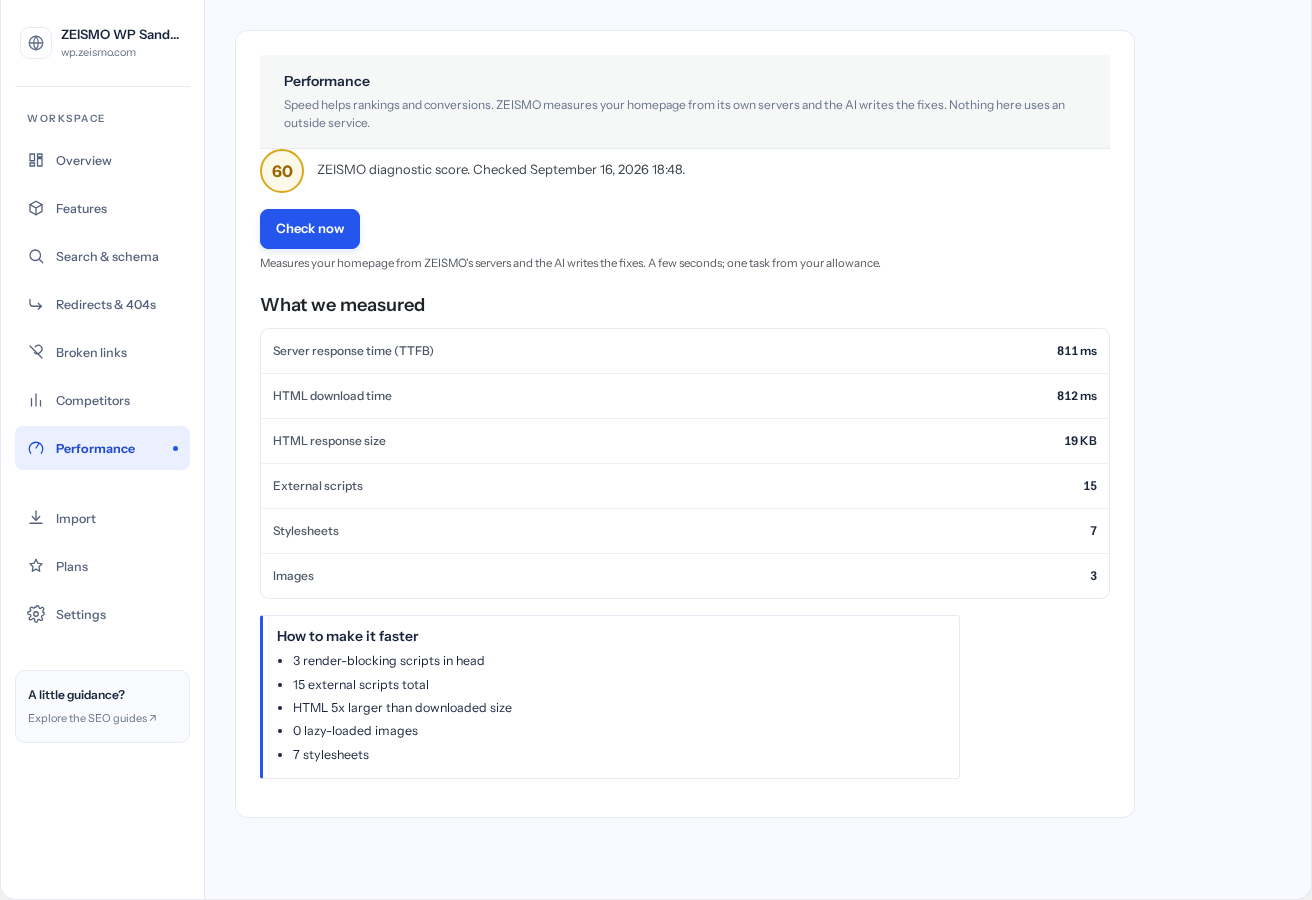 Performance: the saved ZEISMO diagnostic result for the sandbox homepage.