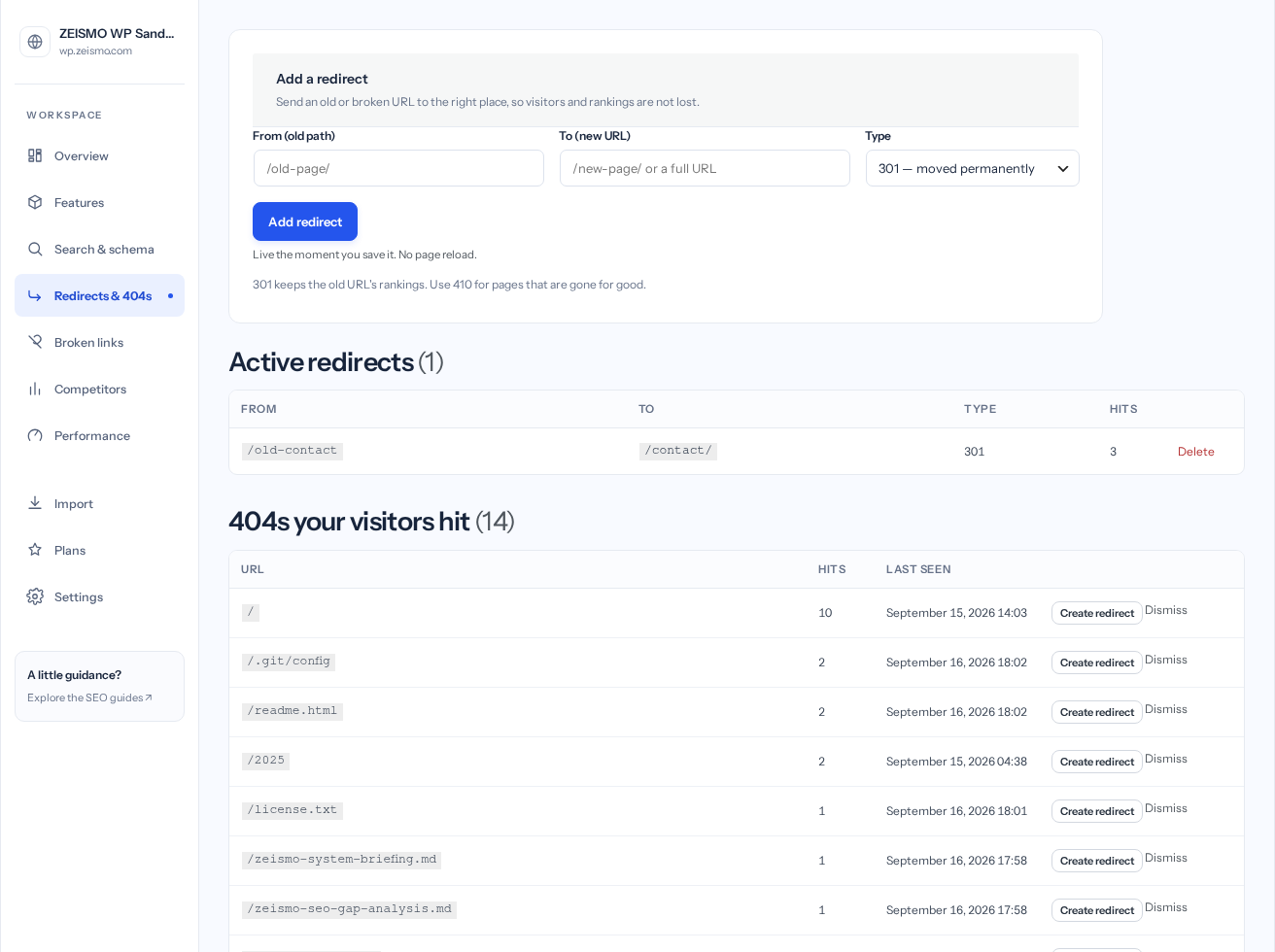 Redirects & 404s: add a rule and review recorded missing URLs.