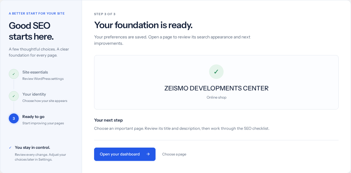 Step 3: saved identity and the next action. Private sites retain an indexing reminder.