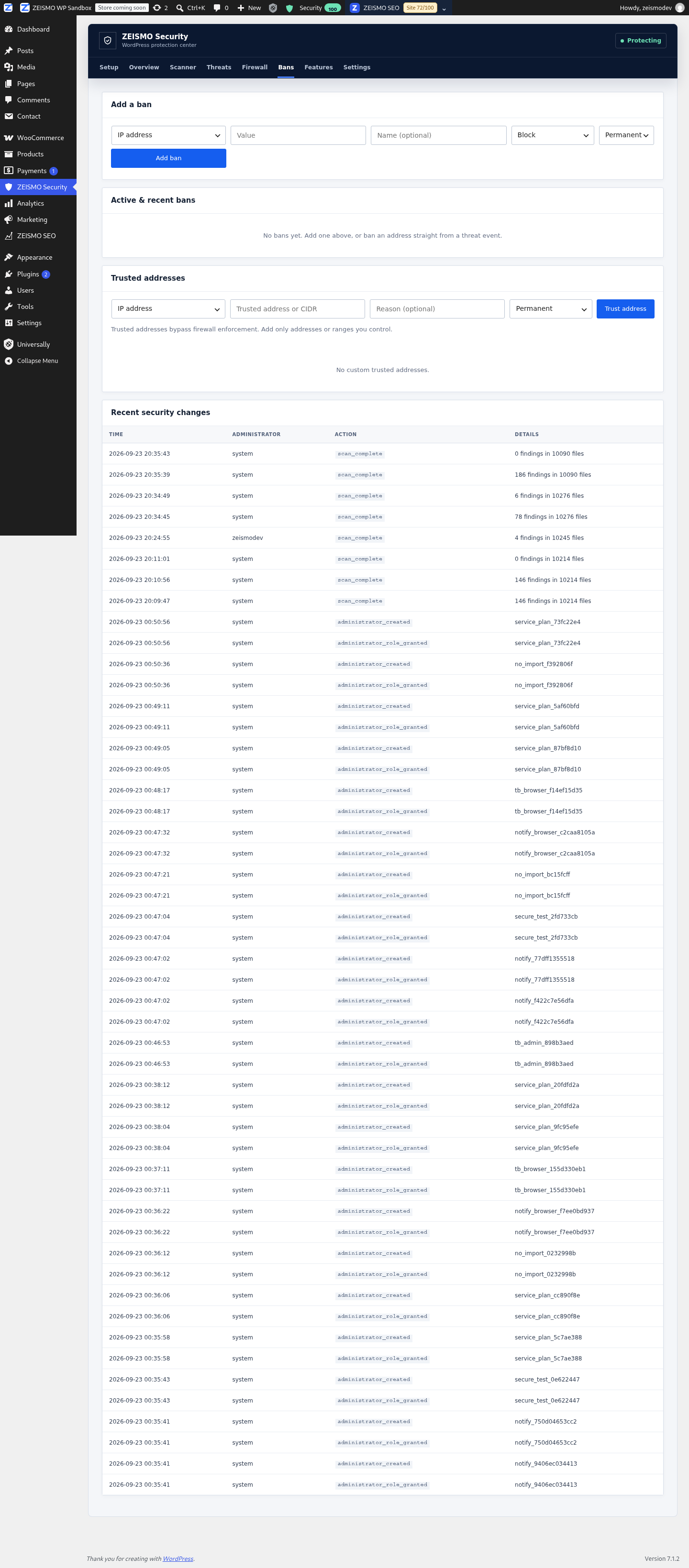 ZEISMO Security IP bans, rules and allowlist controls