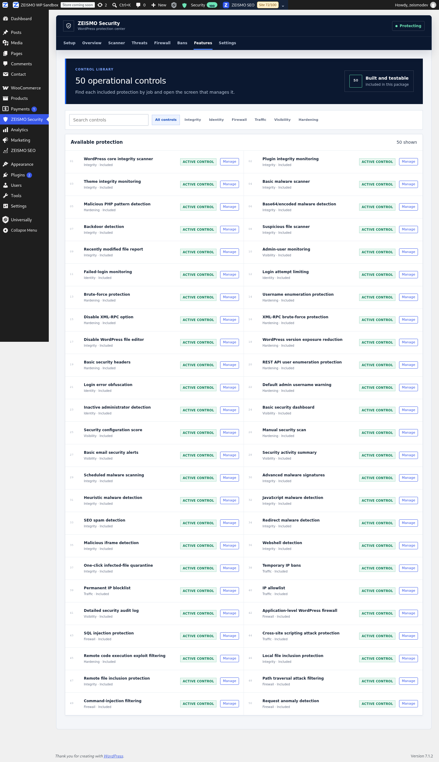 ZEISMO Security feature library showing available and planned controls