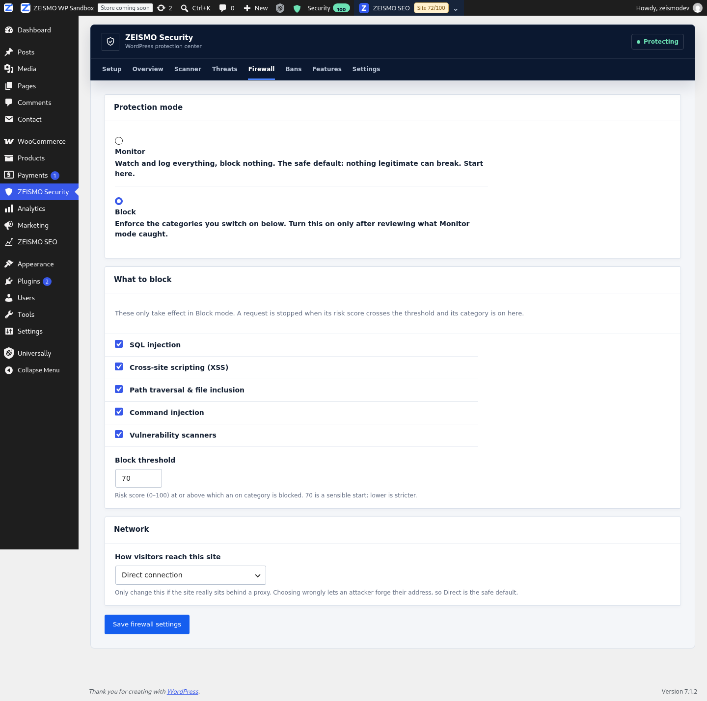 ZEISMO Security firewall monitor and block controls