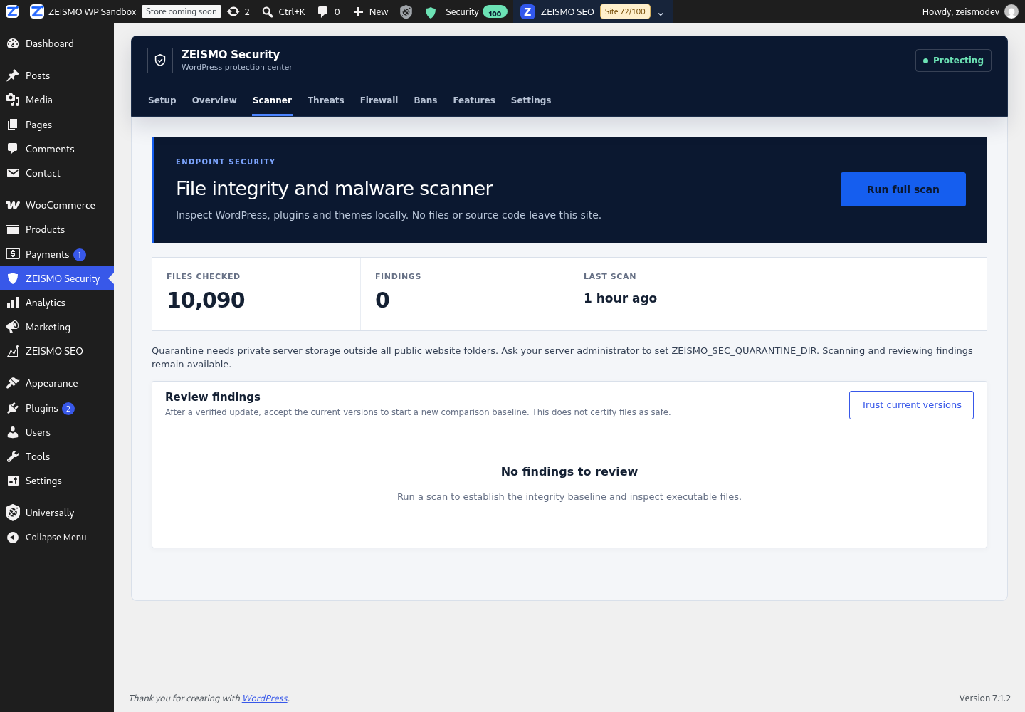 ZEISMO Security file integrity and malware scanner in WordPress
