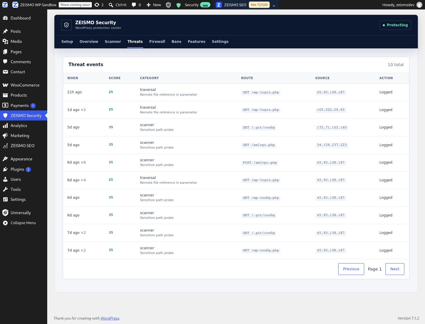 ZEISMO Security local threat event history with risk and request evidence