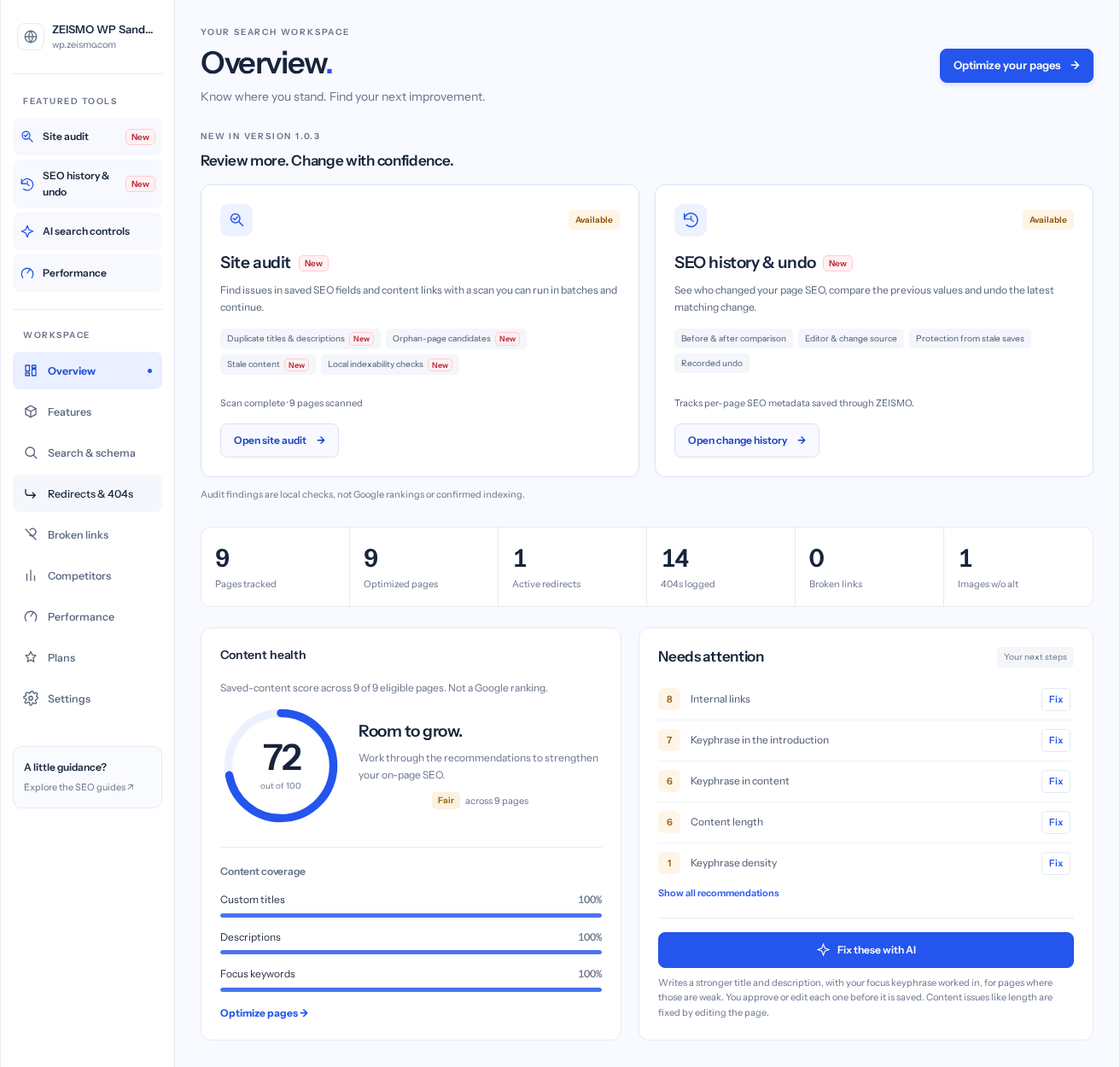 ZEISMO SEO dashboard in the ZEISMO test site