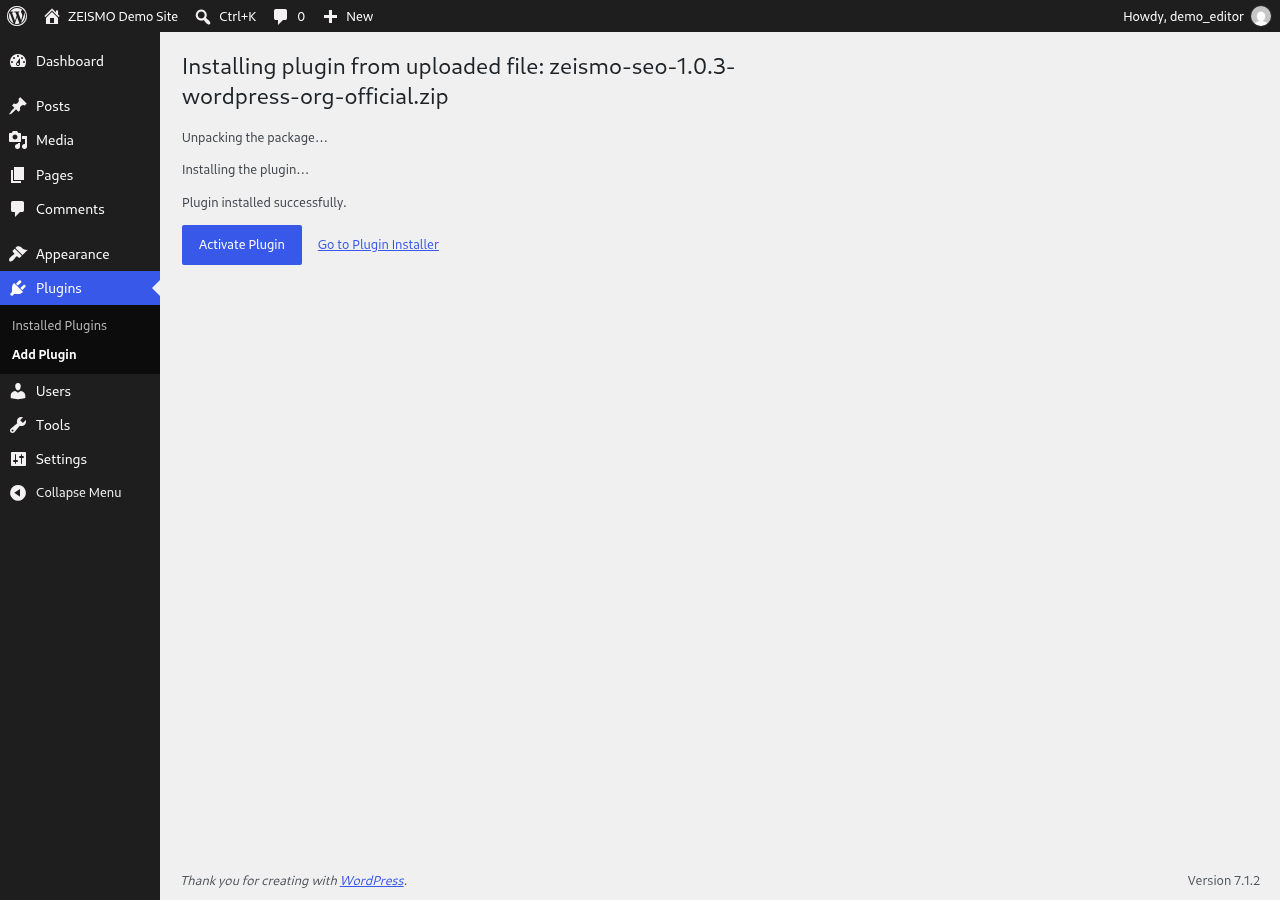 Sample WordPress screen: Install and activate