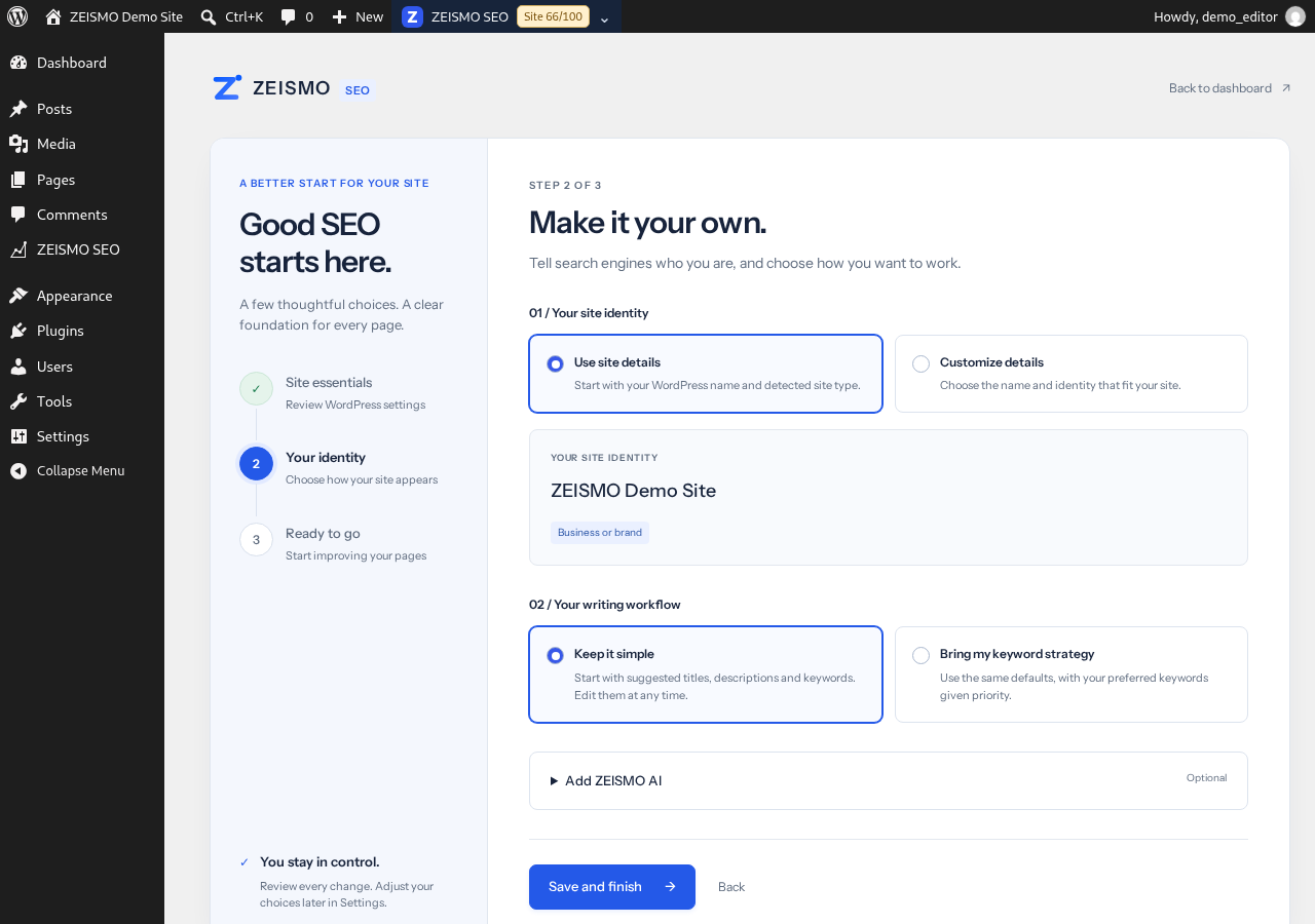Sample WordPress screen: Review setup
