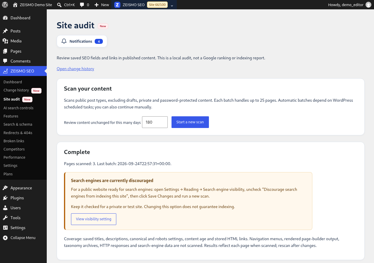 Sample WordPress screen: Run the local audit