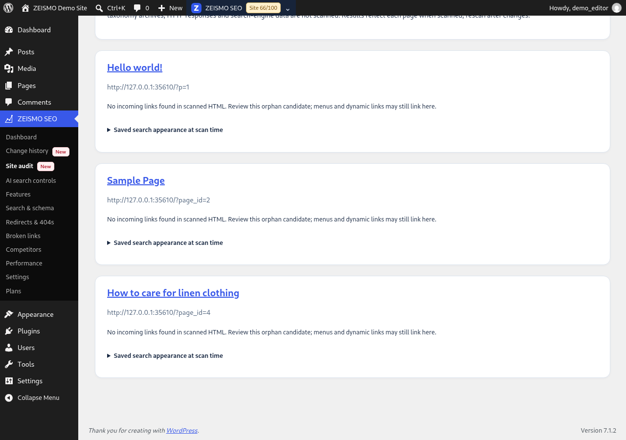 Sample WordPress screen: Rescan after the change